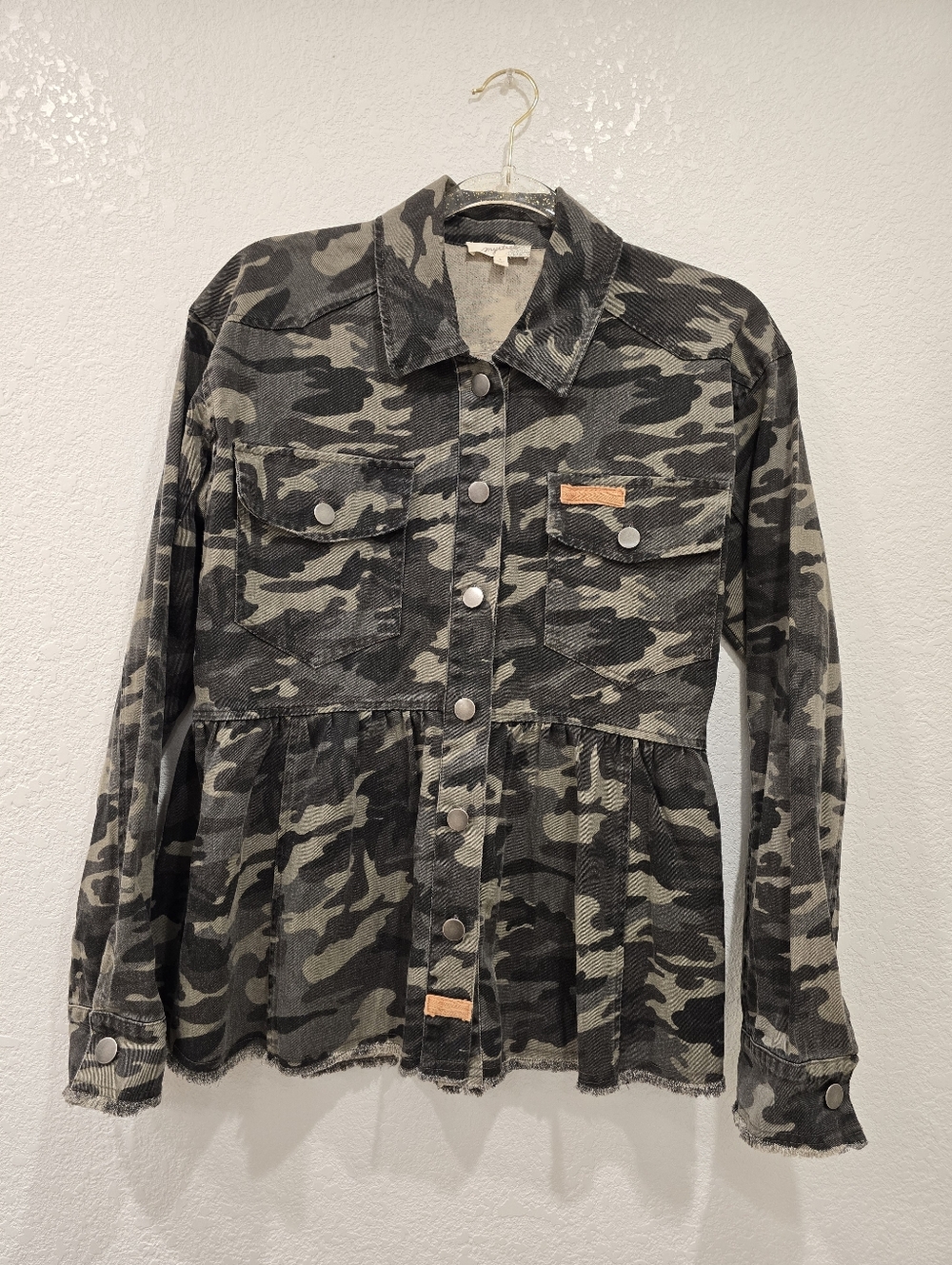 Mystree Camo Peplum Denim Jacket camouflage print metal button S